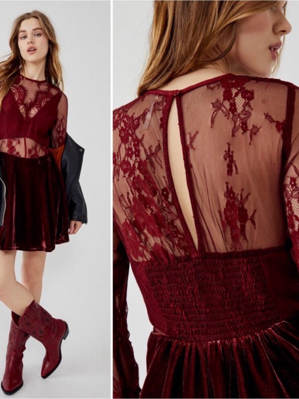 Free People Burgundy Velvet Lace Mini Dress